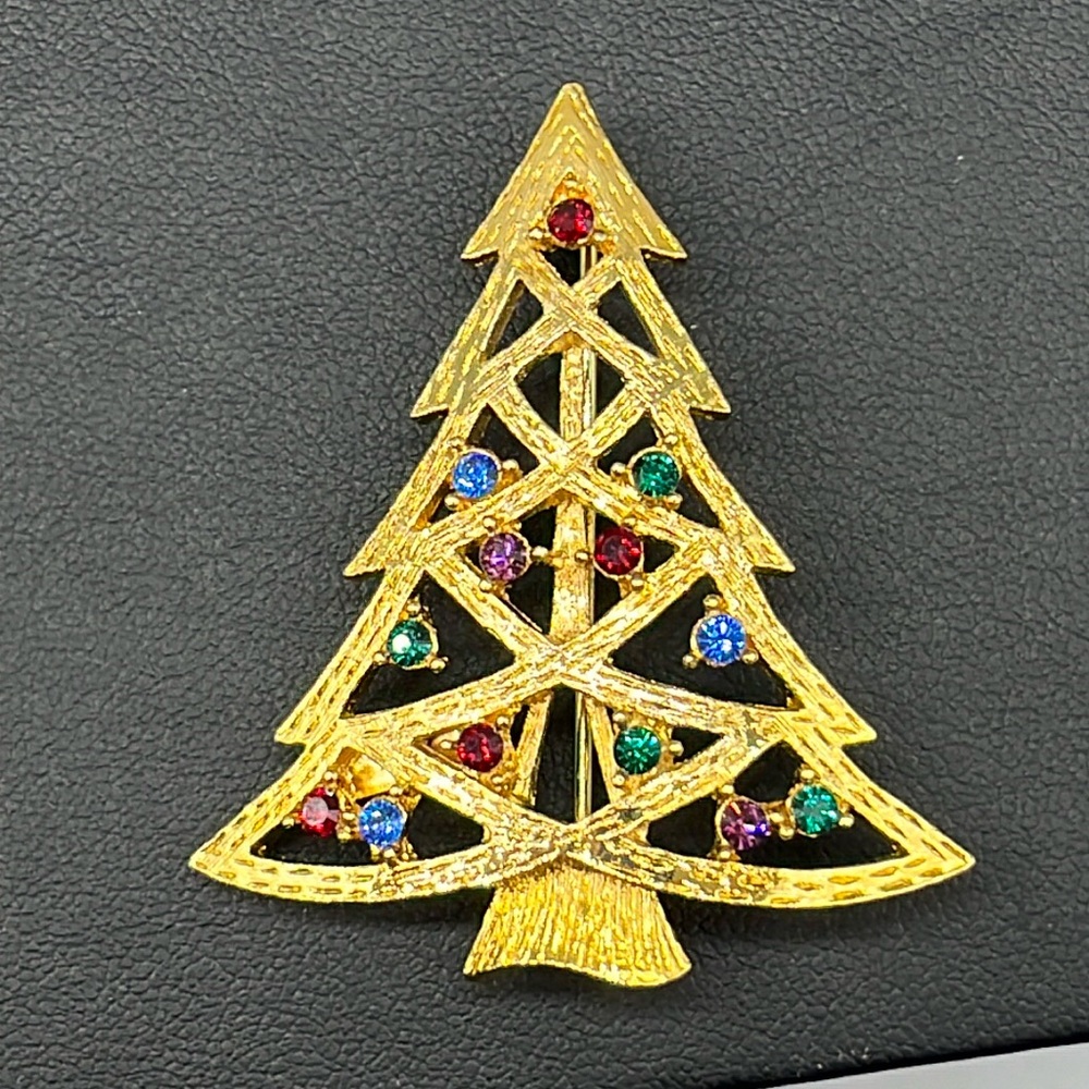 Elegant Vintage Eisenberg Ice Gold Christmas Tree Brooch with Multicolor Accents - Picture 2 of 12